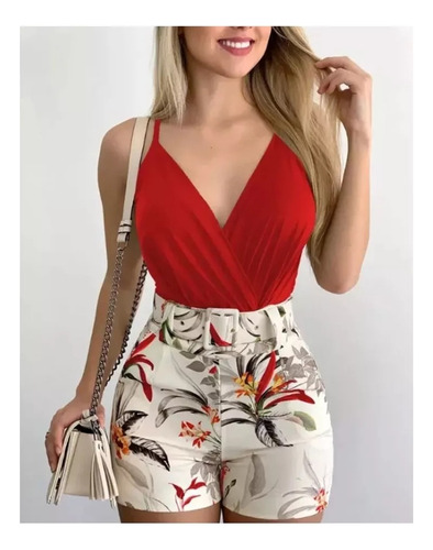 Conjunto De Cinturón Y Pantalones Cortos Estampados Rojos Ma