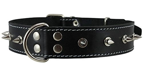 Piel Autentica Perro Negro Collar Pinchos 15 Amplia Con Pin