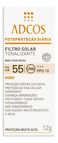 Protetor Solar Tonalizante Base Stick Facial FPS 55 Ivory Adcos Caixa 12g