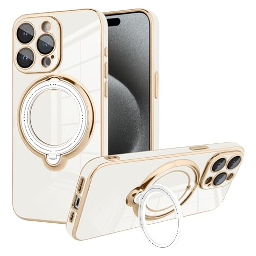 Funda Para iPhone 15 Pro C/ Magsafe Ring Xl Dorado Blanco