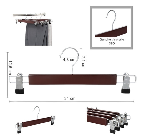 20 Ganchos Para Ropa De Madera Con Clip Antideslizantes Caoba