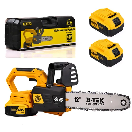 Motoserra Elétrica 12 Polegadas 2 Baterias 48v Portátil 110/220v Bivolt Recarregável Profissional 3000w Forte Potente Sem Fio Moto Serra Portátil Kit Completo C/maleta De Transporte + Corrente Extra