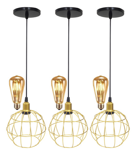 3 Pendentes Aramado Globo Lustre Retrô Dourado + Lâmpada