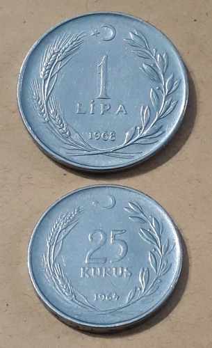 Lote X 2 Monedas Turquía,  1 Lira 1968 Y 25 Kurus 1964. Magn