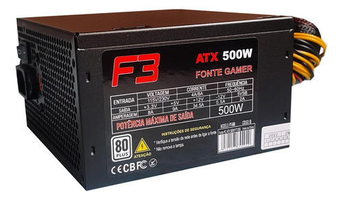 Fonte 500w F3 Bivolt Atx 80 Plus Cooler 12cm E Cabo De Força Cor Preto