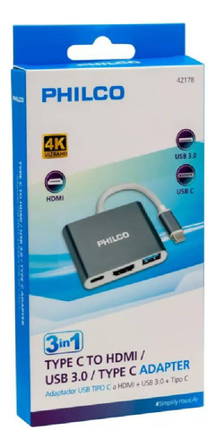 3 En 1 Hub Tipo C A Hdmi + Usb 3.0 Philco