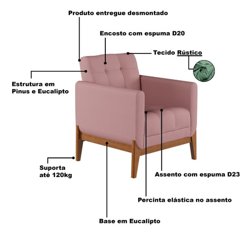 Poltrona Com Base De Madeira Brooks Linho Rosê