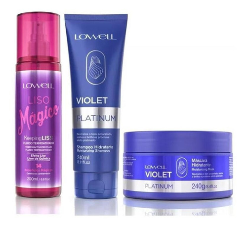 Violet Platinum Shampoo +máscara +fluido Liso Mágico Lowell