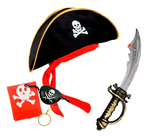 Disfraz Pirata Sombrero + Parche Arete + Espada Corta Daga