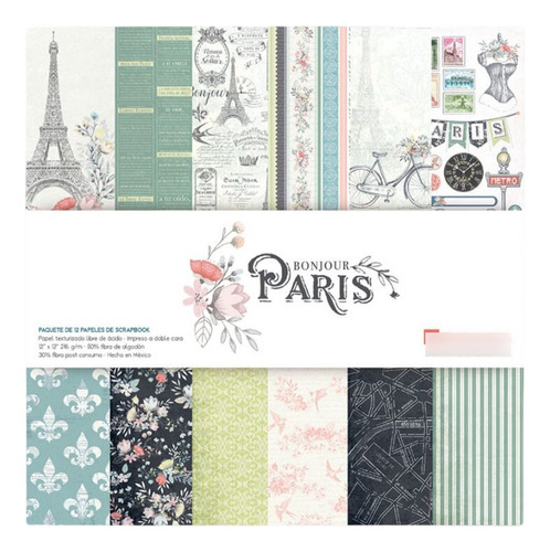 Pad 12 Hojas Papel Decorativo 2 Cara Bonjour París Scrapbook