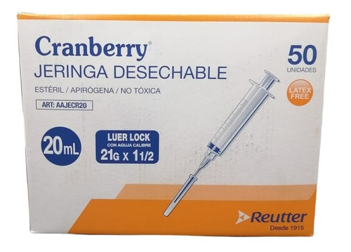 Jeringa Desechable 20ml Cranberry 50 Unid Luer Lock