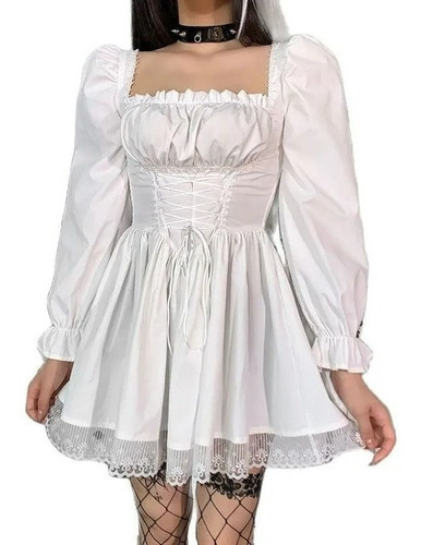 Vestido Gótico Lolita Para Mujer Con Escote Cuadrado Encaje