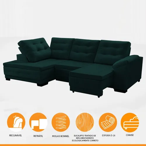 Sofá esquinero retráctil Agatha, 250 x 150 cm, color verde aterciopelado