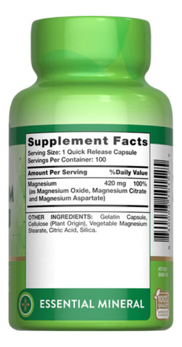 Nature's Truth Suplemento Complejo de Triple Magnesio 100 Cápsulas de 420 Mg Para 3 Meses