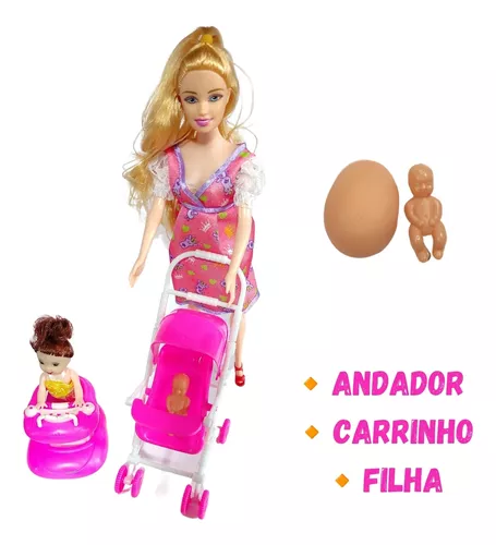 Boneca Gravida Estilo Barbie Andador Carrinho Bonequinha morena