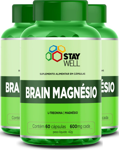 3 Potes Do Magnésio Treonato 500mg 60 Cápsulas  Stay Well