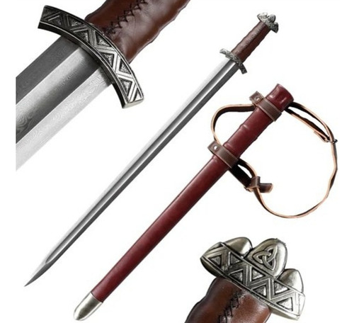 Espada Vikinga Funcional En Acero Damasco Color Chocolate