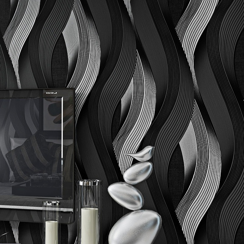 Imagen 3 de 7 de Papel Tapiz Plata Negro Gris Sala Comedor Recamara