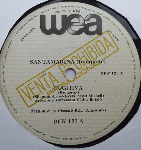 Santamarina - Fugitiva / Avelino - Simple Vinilo 1988 Cumbia