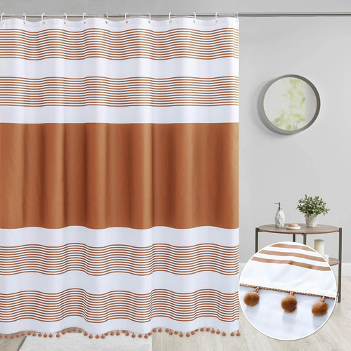 Cortina De Ducha Bohemia Marrón Para Baño, Tela Lavable, Mod