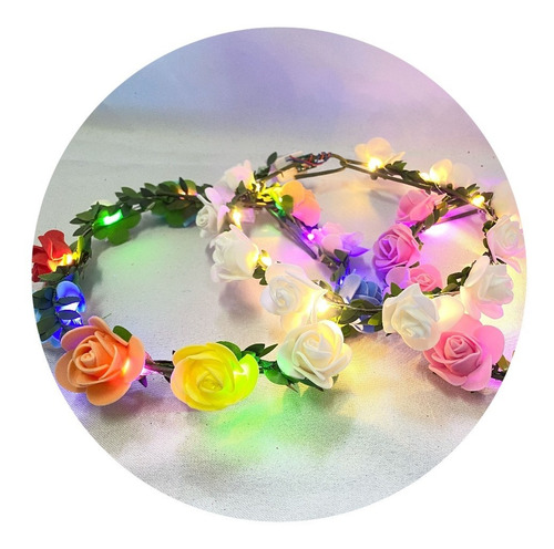 Imagen 2 de 10 de Vincha Tiara Cotillon Luminosa Flores Led Multicolor Hippie