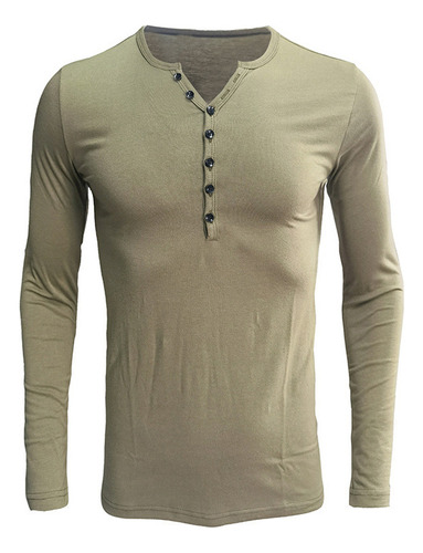 Playeras Hombre Camisa Henley De Manga Larga Casual Cuello V