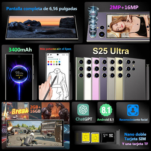 Android Celulares S2 S25 Ultra 6.56 Pulgadas Barato Ram2gb Y Rom16gb Morado