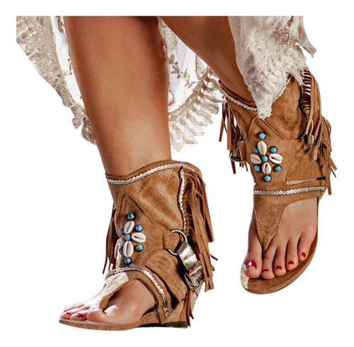 Sandalias De Bota De Playa Con Chanclas Bohemias Con Borlas