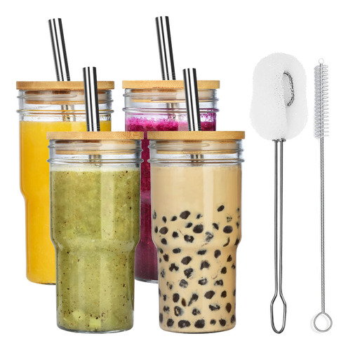 Haundry 4 Vaso Para Batido Tapa Bambu Pajita Vidrio 22 Onza