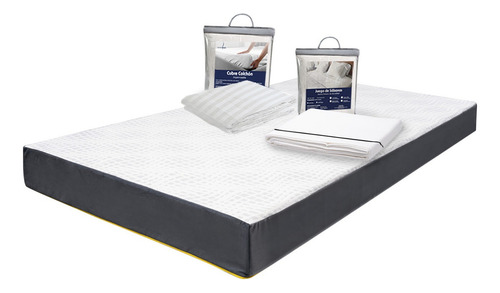 Colchón Individual En Caja 15cm + Juego Sábanas + Protector Blanco Con Gris