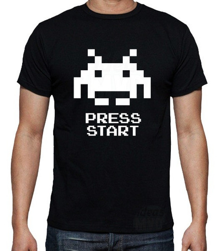 Remera Gamer Press Start Space Invaders (negra) Ideas Mvd