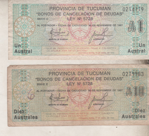 Billete Argentina Bono De Tucuman 1 Y 10 Australes Año 1985