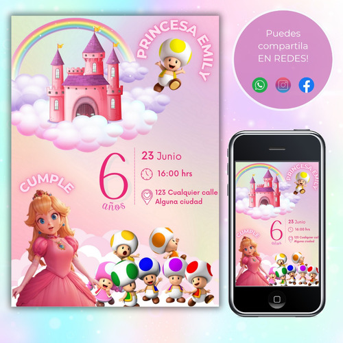 Invitación Digital Princess Peach - Cumpleaños De Tu Hija