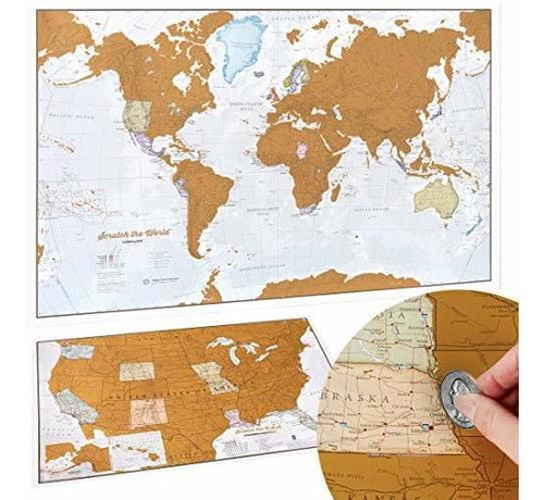 Póster Del Mapa Del Mundo Para Raspar - Regalo De Viaje + Bo