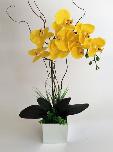Arranjo Orquídea Amarela Silicone Vaso Espelho Frete Grátis | Parcelamento  sem juros
