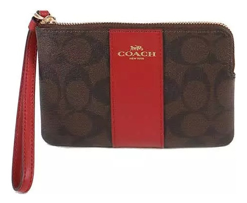 Cartera Monedero Tipo Wrislet Marca Coach Para Dama Color Marrón Signature Detalle Rojo 58035