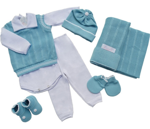 Imagem 2 de 9 de Kit Saida Maternidade Completa Azul E Branco 7 Pç Recem Nasc