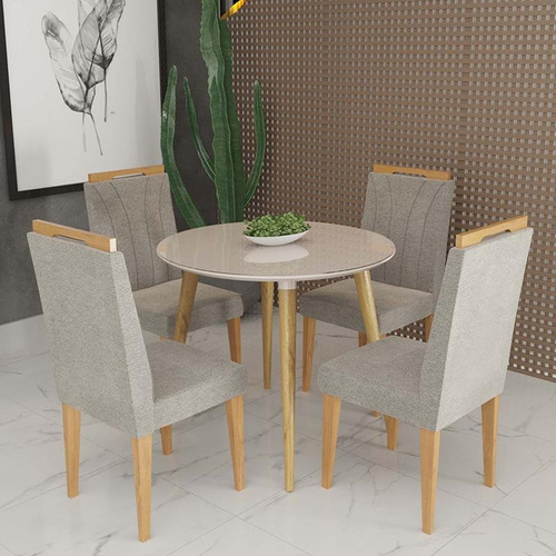 Conjunto De Mesa Redonda Veneza Com Vidro E 4 Cadeiras Onix Cor Off White/bege Escuro