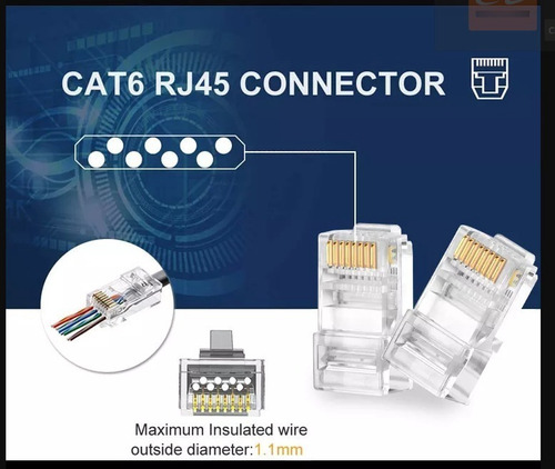 Conector Modular Utp Cat6 Rj45, 8p8c, Rj45, 100 Unidades