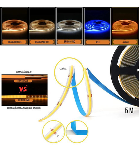 Tira LED Cob Smd de 5 m, 12 V, luz lineal flexible, 320 LED/m