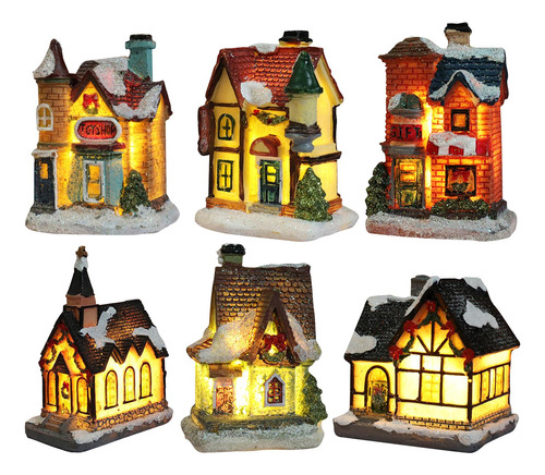 6 Piezas De Resina Mini Navidad Escena Nieve Casa Led Pueblo