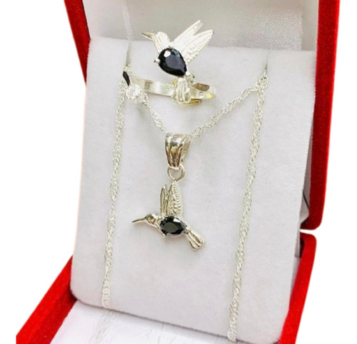 Conjunto Anillo Dije Colibri Con Piedra Ideal Regalo Kit 041