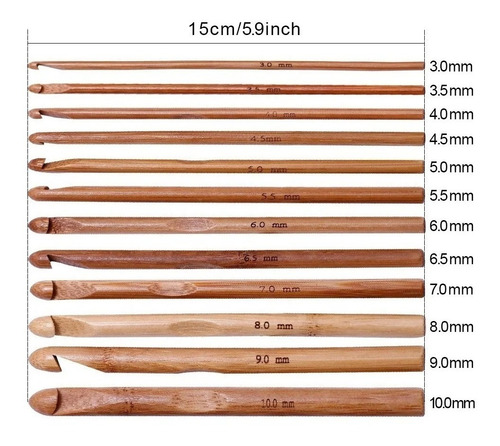 Imagen 3 de 8 de Set 22 Palillos Crochet Bambu Punta Metálica (0.75mm A 10mm)