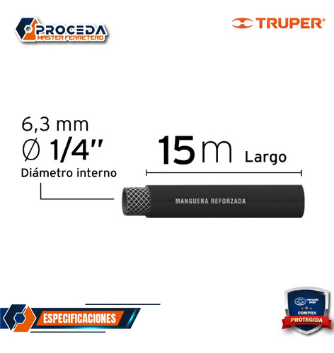 Manguera De Hule Para Compresor, 15 M X 1/4 , Truper 17081