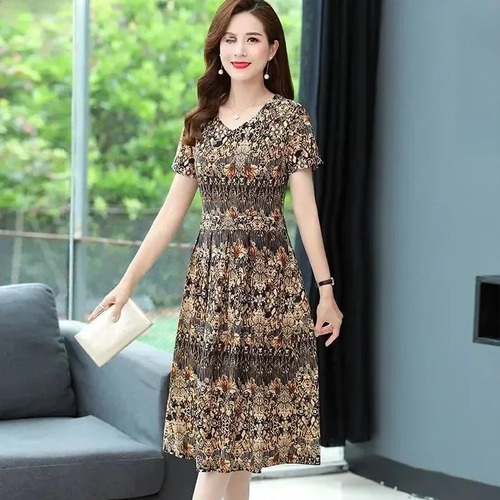 Elegante Vestido Midi Con Cuello En V Y Estampado Floral Par