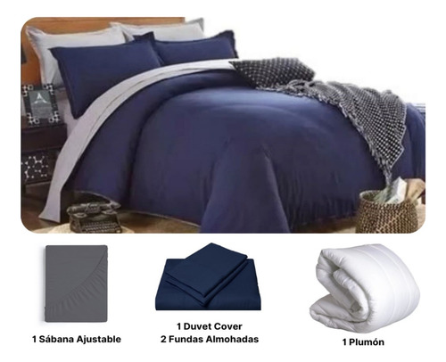 Set Duvet 5 Pzas Azul Liso Gris Microfibra Queen