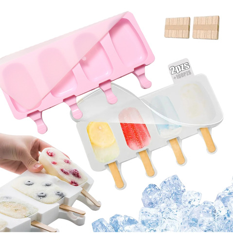 2 Molde De Silicón 4 Paletas De Hielo Y100 Palos De Madera