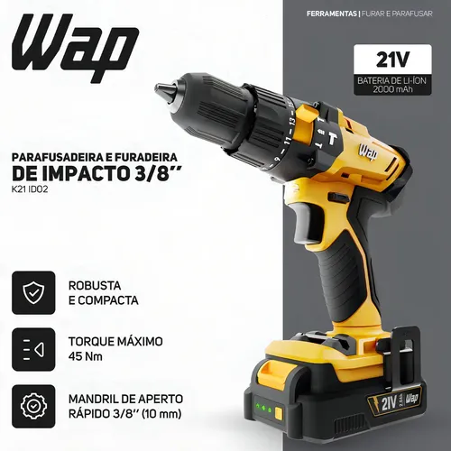 Parafusadeira e Furadeira de Impacto 3/8" WAP K21 ID02 2000 mAh: imagem 2