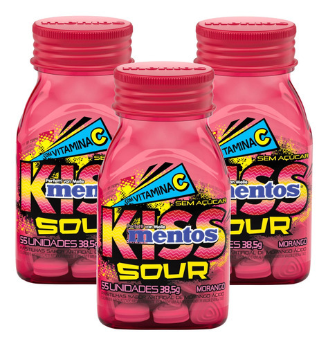 Kit 3 Mentos Kiss Sour Sem Açúcar Morango Ácido 55 Unid 38g