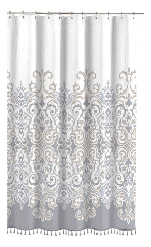 Sicily Collection Cortina De Ducha Decorativa De Tela Flora. Color Gris, Bronce, Blanco